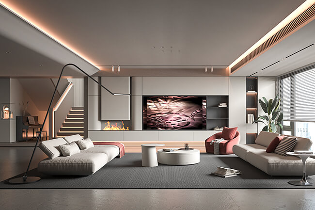 a modern two-bedroom apartment living room that is spacious and well-lit, with a large window that lets in plenty of natural light. Modern two-bedroom apartment living room with large window and neutral color scheme.