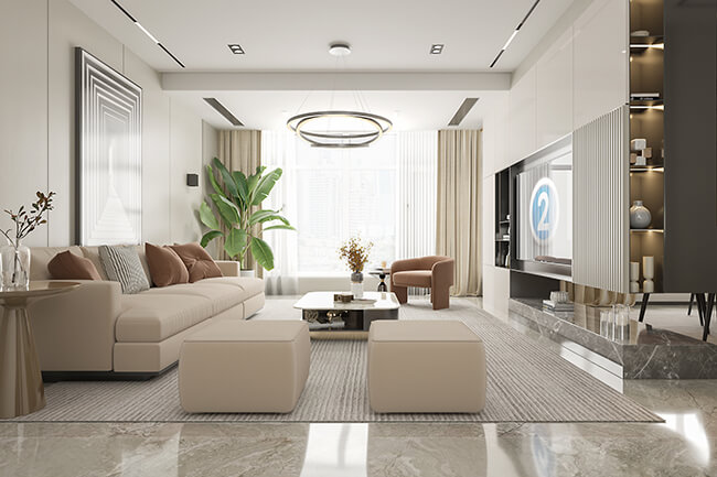 a modern three-bedroom apartment living room that is spacious and well-lit, with a large window that lets in plenty of natural light. Modern three-bedroom apartment living room with large window and neutral color scheme