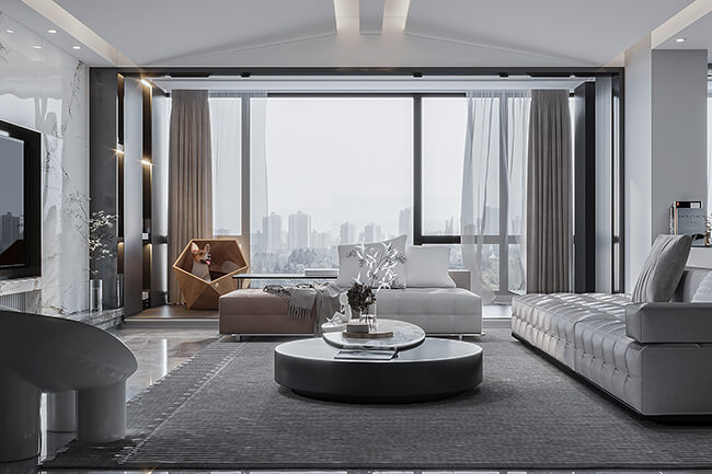 a modern four-bedroom apartment living room that is well-lit and spacious, with a large window that lets in plenty of natural light. Modern four-bedroom apartment living room with large window and neutral color scheme.