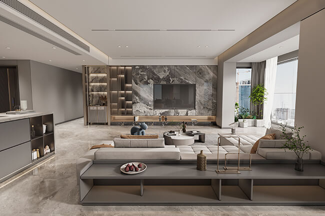 urban chic apartment with furniture in a variety of neutral colors Modern apartment living room with large window and neutral color scheme