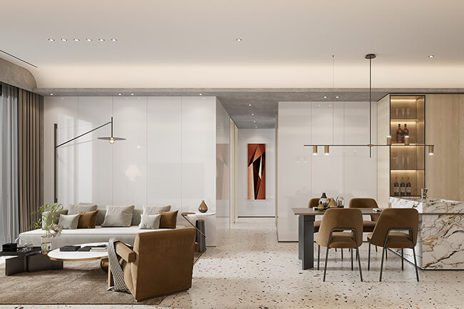 A modern studio apartment living room is spacious and well-lit, with a large window that lets in plenty of natural light Modern studio apartment living room with large window and neutral color scheme.
