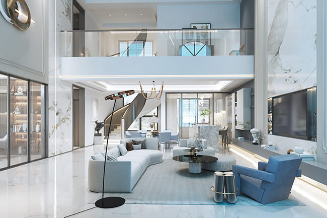 Royal Apex Interior Works Portfolio - Modern Home Interior A modern home interior with a stylish living room, dining room, and kitchen