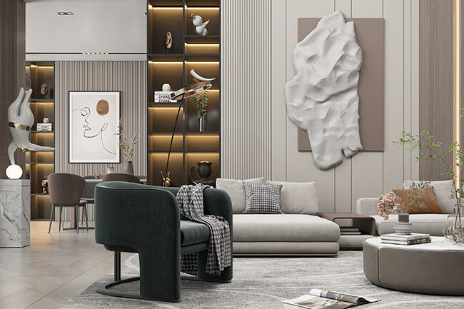 Royal Apex Interior Works Portfolio - Modern Apartment Interior A modern apartment interior with a stylish living room, dining room, and kitchen. The apartment is decorated in a neutral color scheme with pops of color from the artwork and accessories. The furniture is comfortable and inviting, and the overall space is well-lit and airy