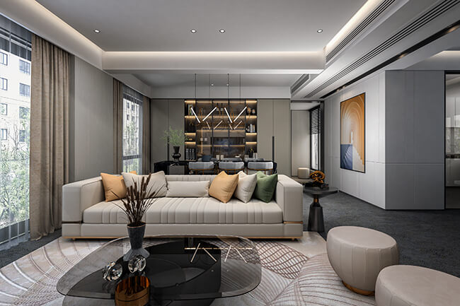 Royal Apex Interior Works Portfolio - Modern Flat Interior A modern flat interior with a stylish living room, dining room, and kitchen. The flat is decorated in a neutral color scheme with pops of color from the artwork and accessories. The furniture is comfortable and inviting, and the overall space is well-lit and airy.