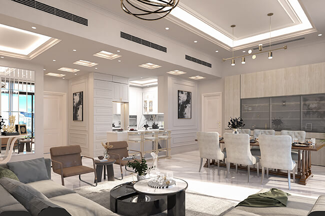 Royal Apex Interior Works Portfolio - Modern Interior Design A modern interior design project by Royal Apex. The project features a stylish living room, dining room, and kitchen. The interior is decorated in a neutral color scheme with pops of color from the artwork and accessories. The furniture is comfortable and inviting, and the overall space is well-lit and airy.