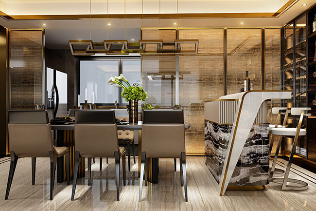 Royal Apex Interior Works Portfolio - Luxury Interior Design A luxury interior design project by Royal Apex. The project features a stylish living room, dining room, and kitchen. The interior is decorated in a modern style with high-end finishes and furnishings. The furniture is comfortable and inviting, and the overall space is well-lit and airy.