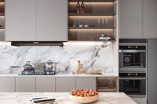 Royal Apex Kitchens - Modern Kitchen Modern kitchen with Grey cabinets, stainless steel appliances, and a marble countertop